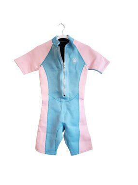 Lemorecn Kids Shorty Wetsuit US 14 Pink & Blue Front Zip Neoprene Swimwear